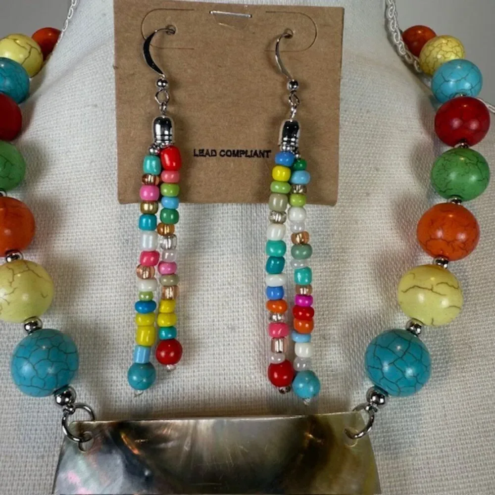 NWT Multicolor‎ Mother of Pearl See Bead Tassel Statement Necklace and Earrings